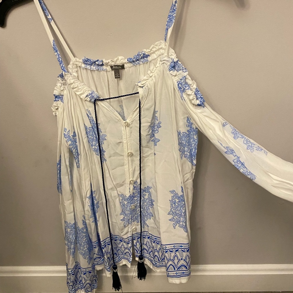 White off the shoulder long sleeve blouse with blue floral print, small